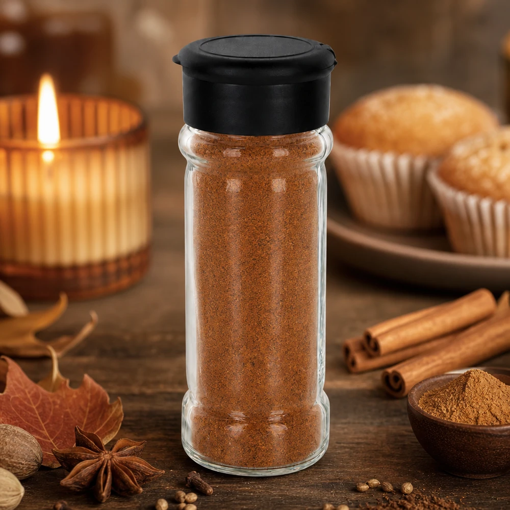 Dóza na sůl/koření 100ml s mlýnkem Vario černá Kleines Glasstreuer-Behälter 100ml mit schwarzem Deckel im stimmungsvollen Kerzenlicht