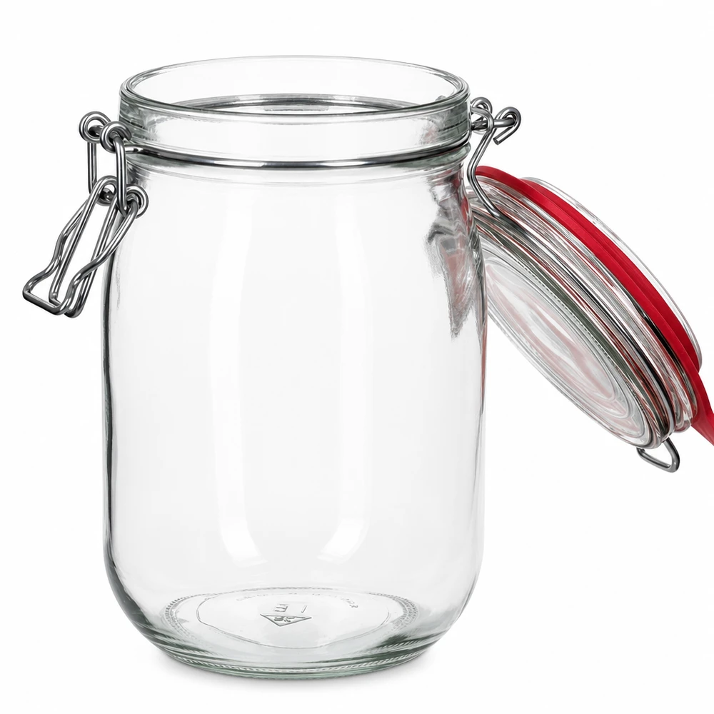 1140ml zavařovací sklenice s gumovým kroužkem a výkyvným víčkem UNiTWIST. Vielseitiges Aufbewahrungsglas 1140ml mit sicherem Verschlusssystem für Küche
