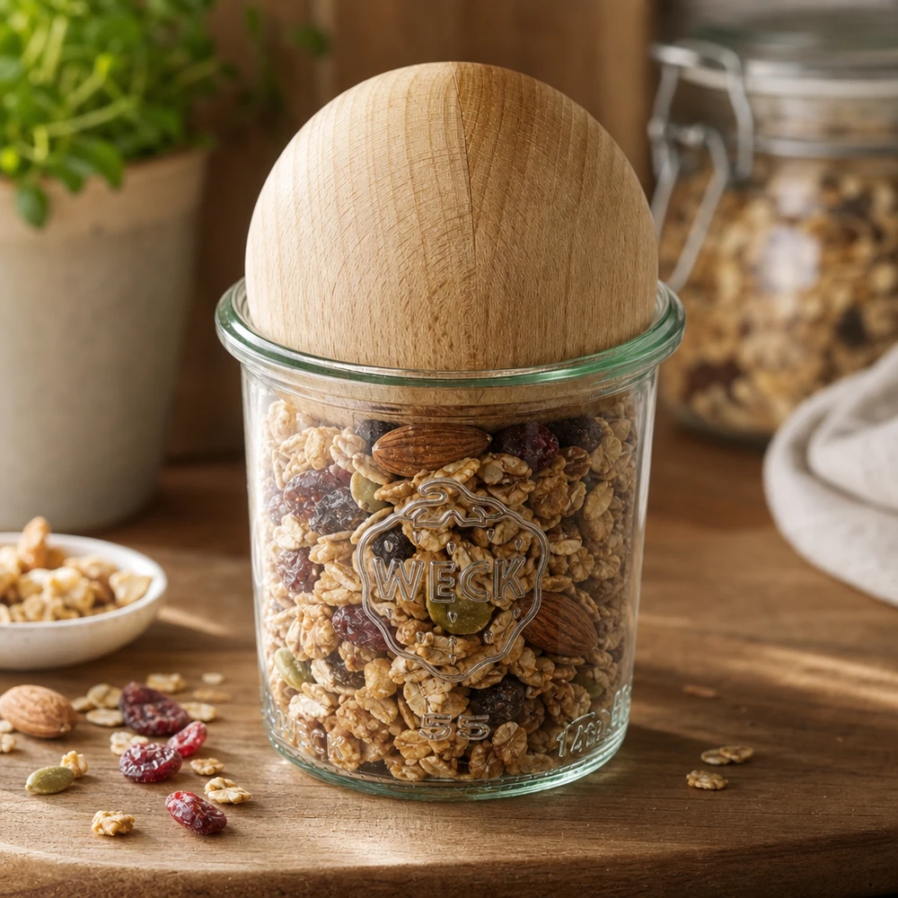 140ml kelímky WECK RR60 s dřevěnou kuličkou buk WECK Einmachglas 140ml RR60 gefüllt mit Nüssen und Trockenfrüchten, Holzkugel-Verschluss aus Buche als Deckel