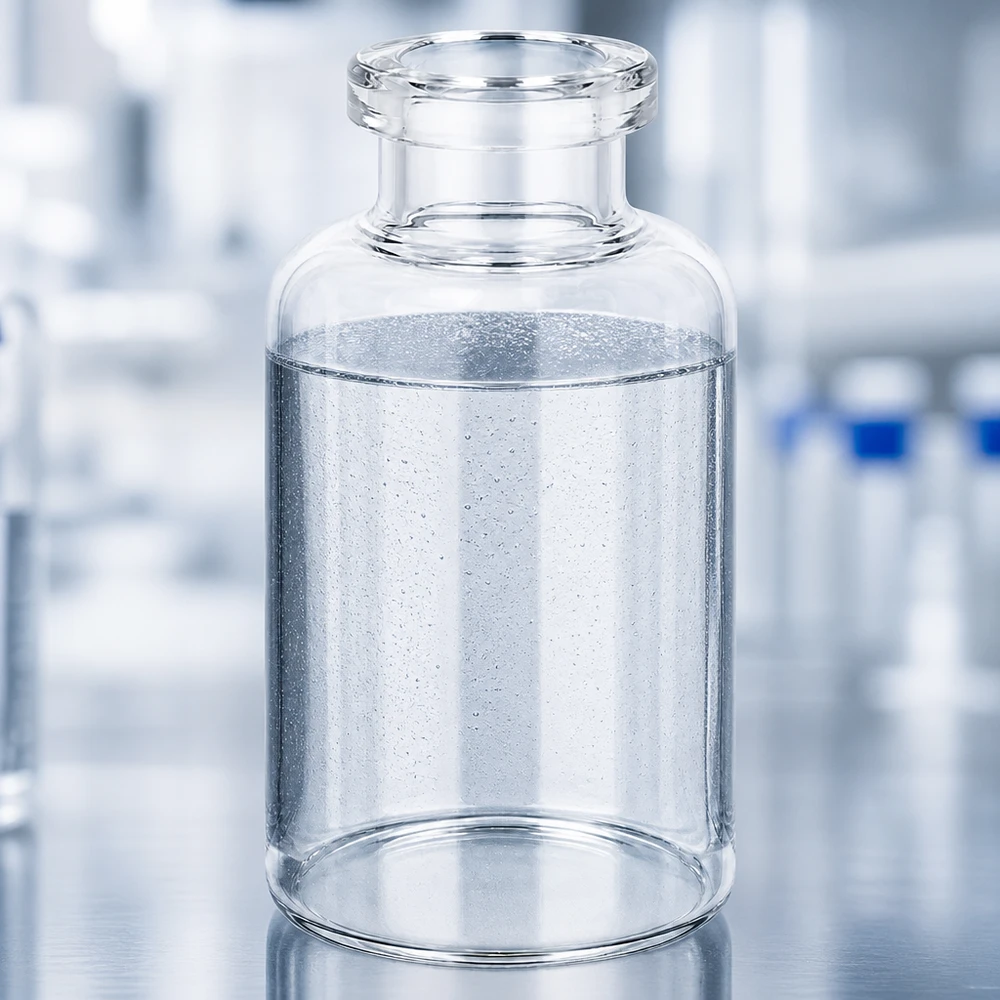 Injekční láhev z čirého skla 30ml Transparente 30ml Pharmaglasflasche mit wässrigem Inhalt und sichtbaren Mikroblasen Laborumgebung