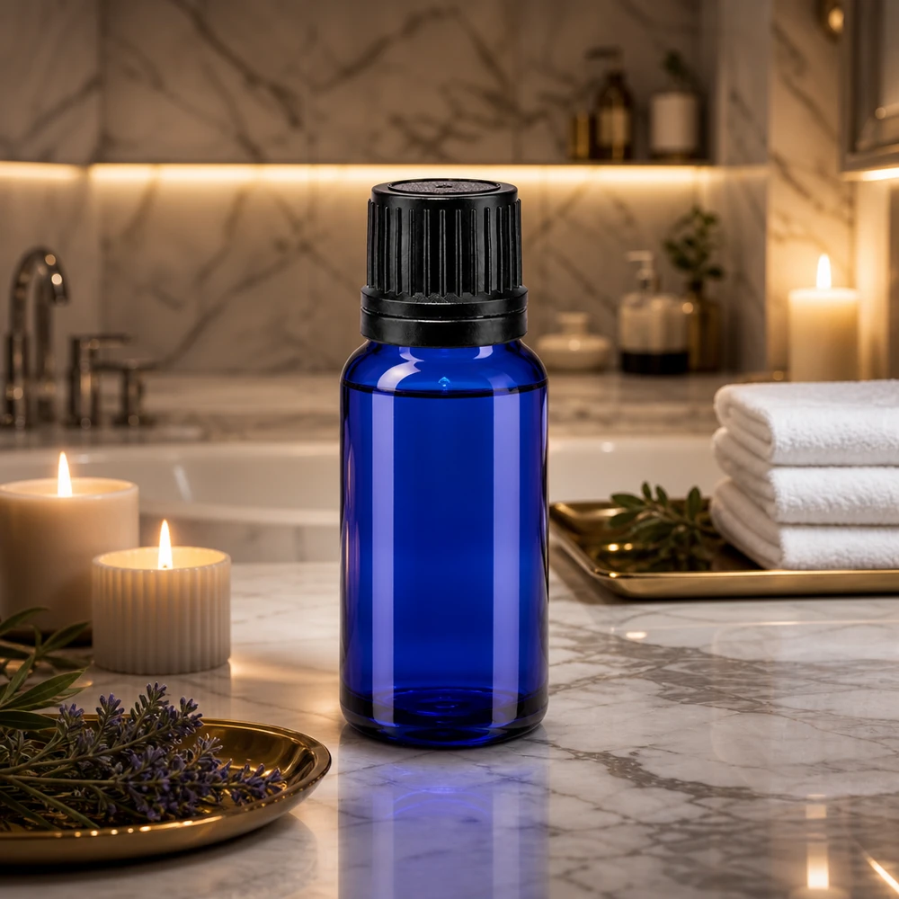10ml Apothekerglas in Blau mit schwarzem Verschluss neben Lavendel und Spa-Accessoires