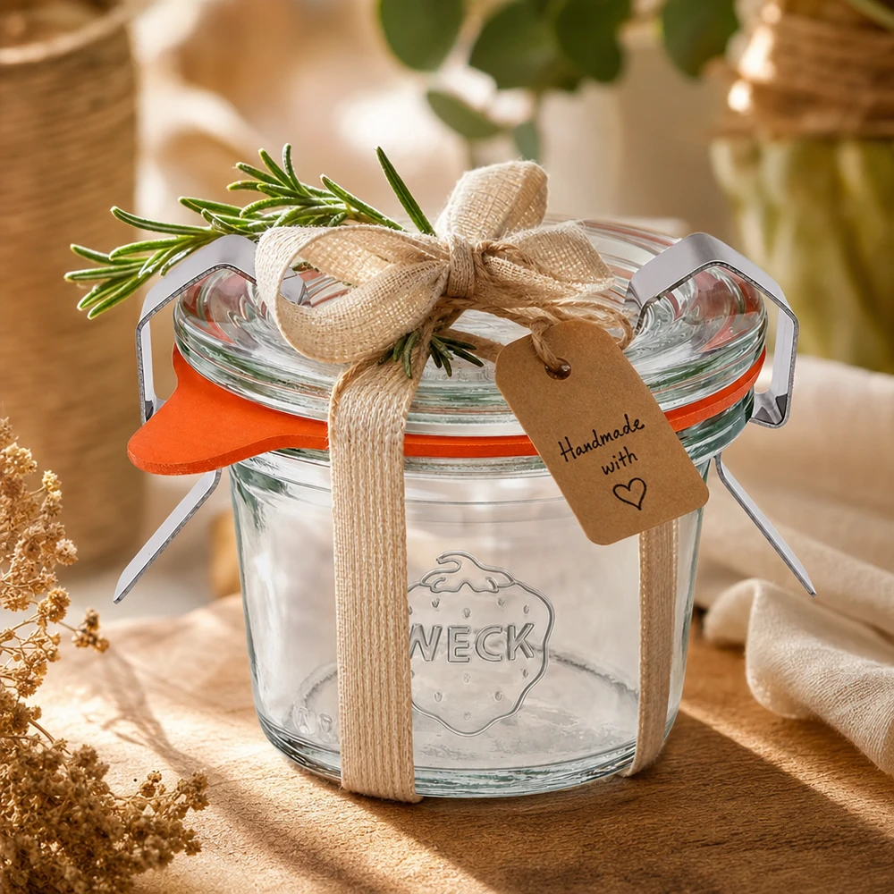WECK Sturzglas 35ml RR40 als Geschenk dekoriert mit Schleifenband Rosmarin und Handmade-Anhänger