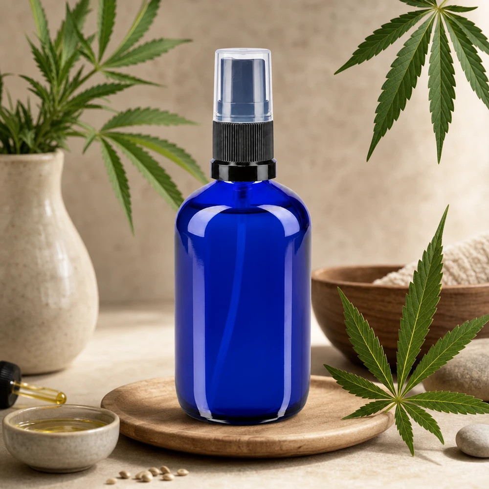 Lékárenská lahvička modrá 100ml rozprašovací víčko černá UV-Schutz Glassprayflasche 100ml in Blau mit Pumpzerstäuber für CBD und Naturkosmetik Anwendungen