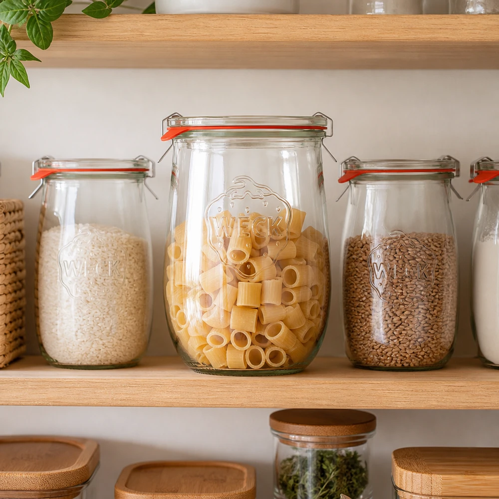 WECK Tulpenglas 1062ml RR100 als Vorratsdose für Reis Nudeln und Linsen in organisierter Küche mit Holzregalen