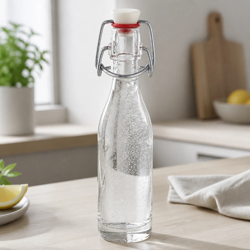 Skleněná láhev o objemu 50 ml + výkyvný vršek z PVC UNiTWIST. 50ml Glasflasche Bügelverschluss in moderner Küche mit Wasser gefüllt - praktische Anwendung im Alltag