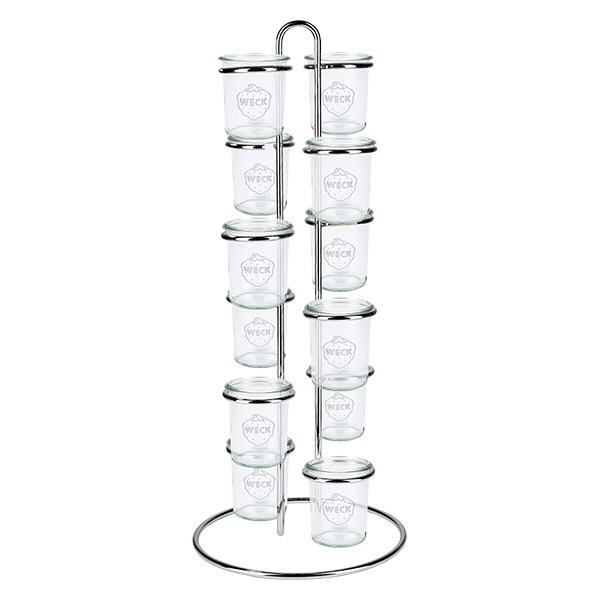 Servírovací stojan Vertico12 na 12 kelímků WECK. Vertikaler Glashalter mit 12 WECK Gläsern bestückt zeigt praktische Aufbewahrung und platzsparende Organisation