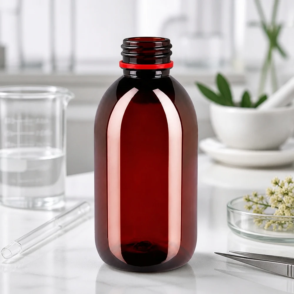 PET láhev 250ml s bílým/červeným uzávěrem s ochranou proti manipulaci. Kulatá PET láhev o objemu 250 ml v jantarově hnědé barvě s červeným bezpečnostním uzávěrem na bílé laboratorní desce
