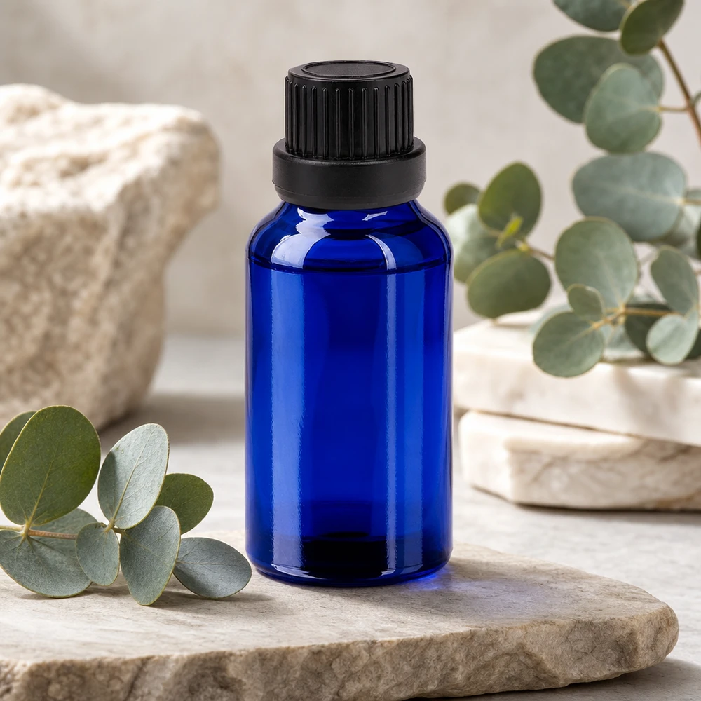 Elegante blaue 20ml Flasche aus Borosilikatglas mit ergonomischem schwarzen Deckel