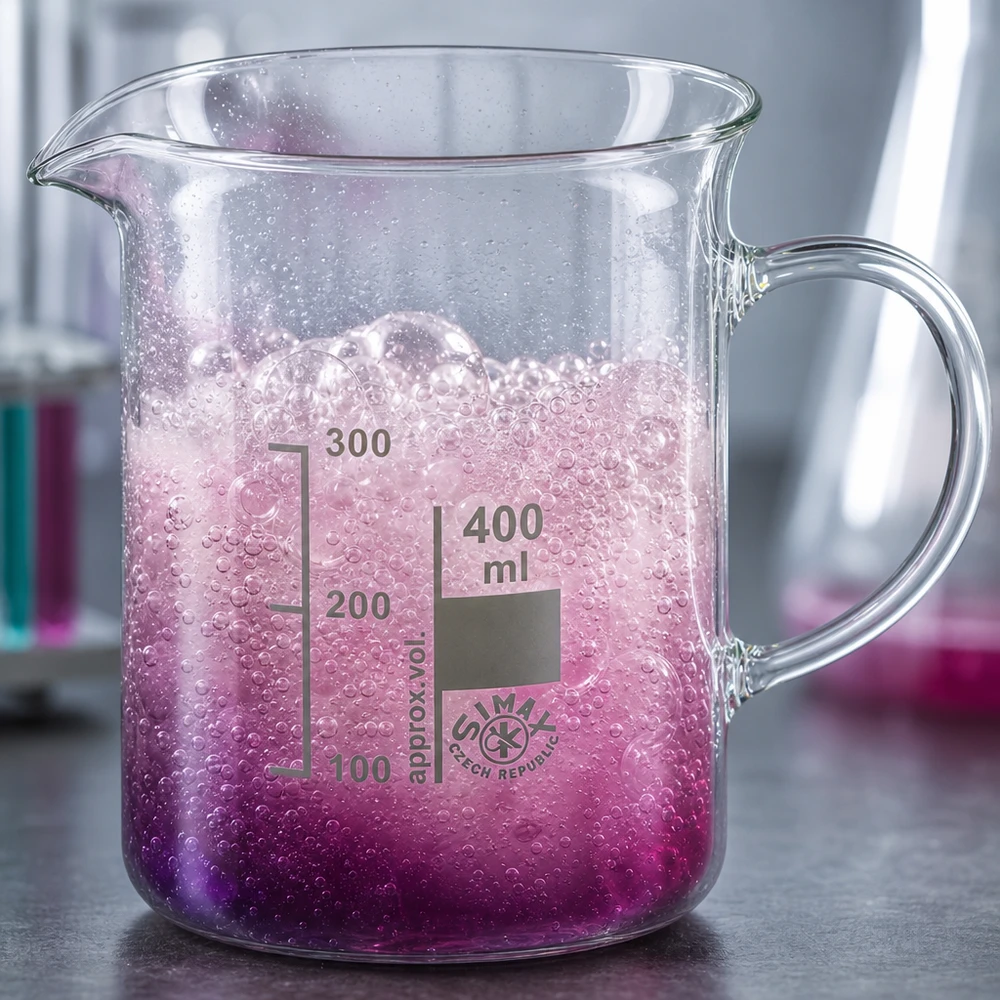 Kádinka z borosilikátového skla o objemu 400 ml, s rukojetí Borosilikatglas Becherglas 400ml Henkel violetter Farbstoff schäumt Labor Chemieexperiment