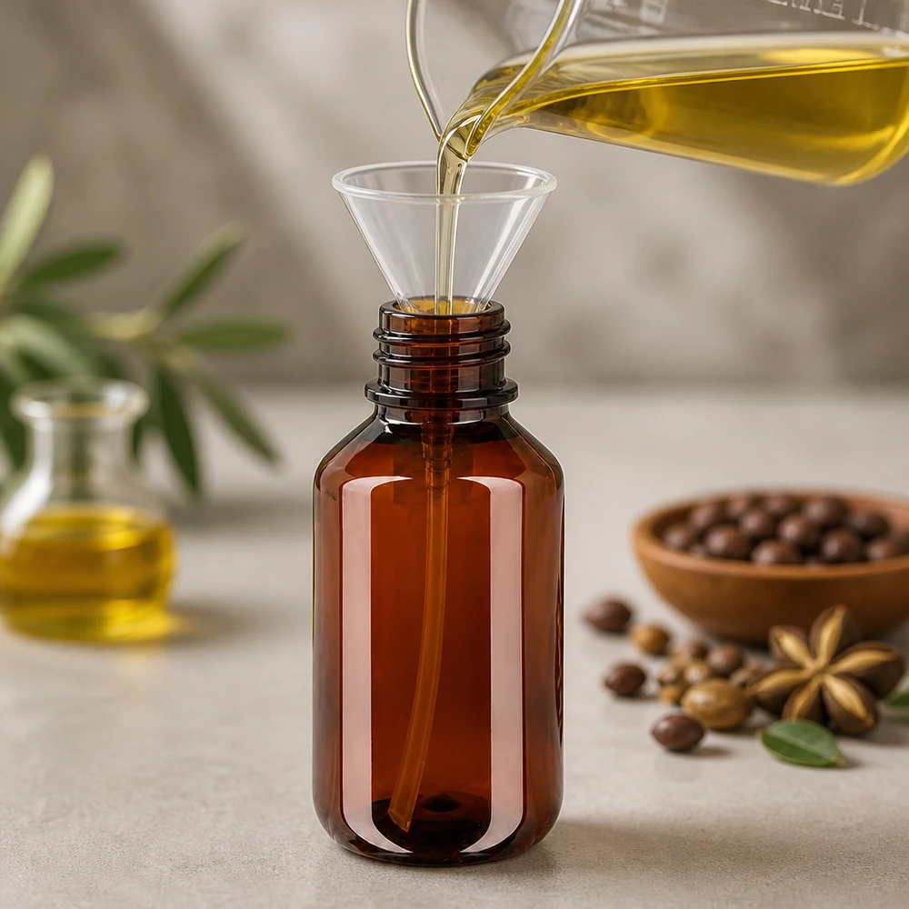 PET láhev 100ml s dávkovací pumpičkou černá Olivový olej se plní pomocí trychtýře do jantarově zbarvené 100ml PET láhve s černým dávkovacím čerpadlem