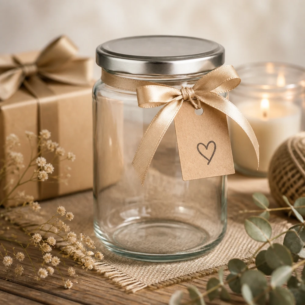 382ml kulatá skleněná nádoba s víčkem BasicSeal stříbrná UNiTWIST. 382ml Rundglas mit silbernem Deckel dekorativ arrangiert mit Geschenkband Herz-Anhänger Einmachglas Geschenkidee