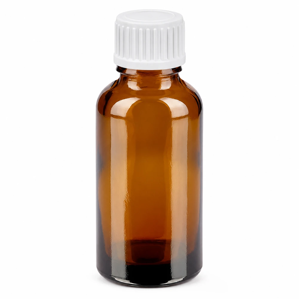 30ml lahvička s kapátkem 0,9 mm bílá standardní uzávěr BrownLine UT18/30 Pharmazeutische 30ml Braunglasflasche mit weißem Tropfverschluss für Tinkturen