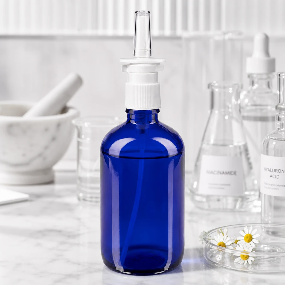 Hochwertige 100ml Apothekernasensprayflasche in Kobaltblau mit ergonomischem Sprühkopf weiß
