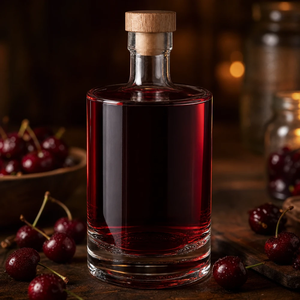 500ml Glasflasche Marie mit rotem Kirschlikör befüllt - Holzkorken Verschluss - Lifestyle Produktfoto mit Kirschen