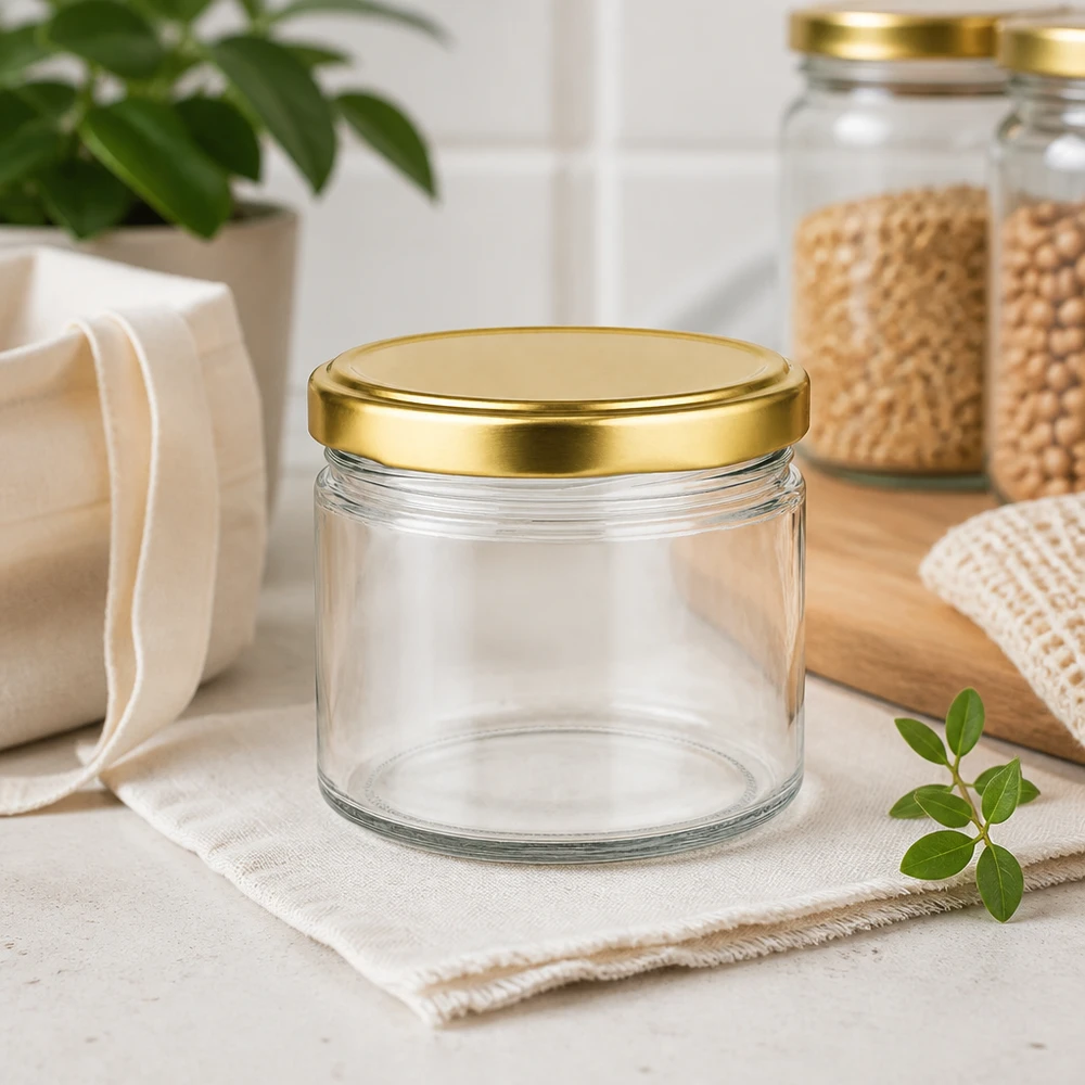 540ml kulatá sklenice s víčkem BasicSeal zlatá UNiTWIST 540ml Rundglas mit goldenem BasicSeal Deckel leer in nachhaltiger Küchen Deko mit Naturfasern und Pflanzen