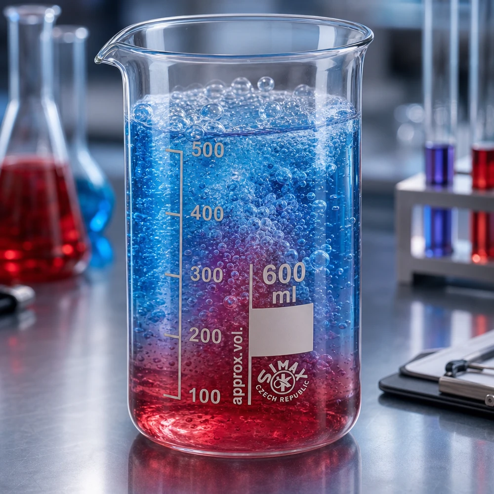 Kádinka 600 ml z borosilikátového skla, vysoký tvar Becherglas 600ml mit sprudelnder blau-roter Flüssigkeit neben farbigen Laborkolben auf Stahltisch