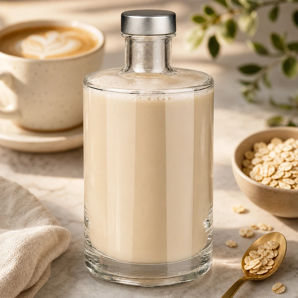 375ml Glasflasche Sam mit cremiger Hafermilch befüllt neben Kafeetasse und Haferflocken in heller Küche