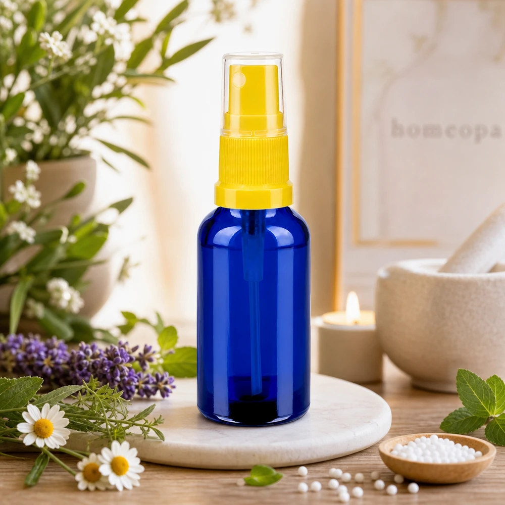 30ml lahvička s rozprašovačem žlutá/transparentní standardní uzávěr BlueLine UT18/30 Stilvolle blaue Glassprayflasche 30ml als dekoratives Element für Badezimmer und Wellness Bereich