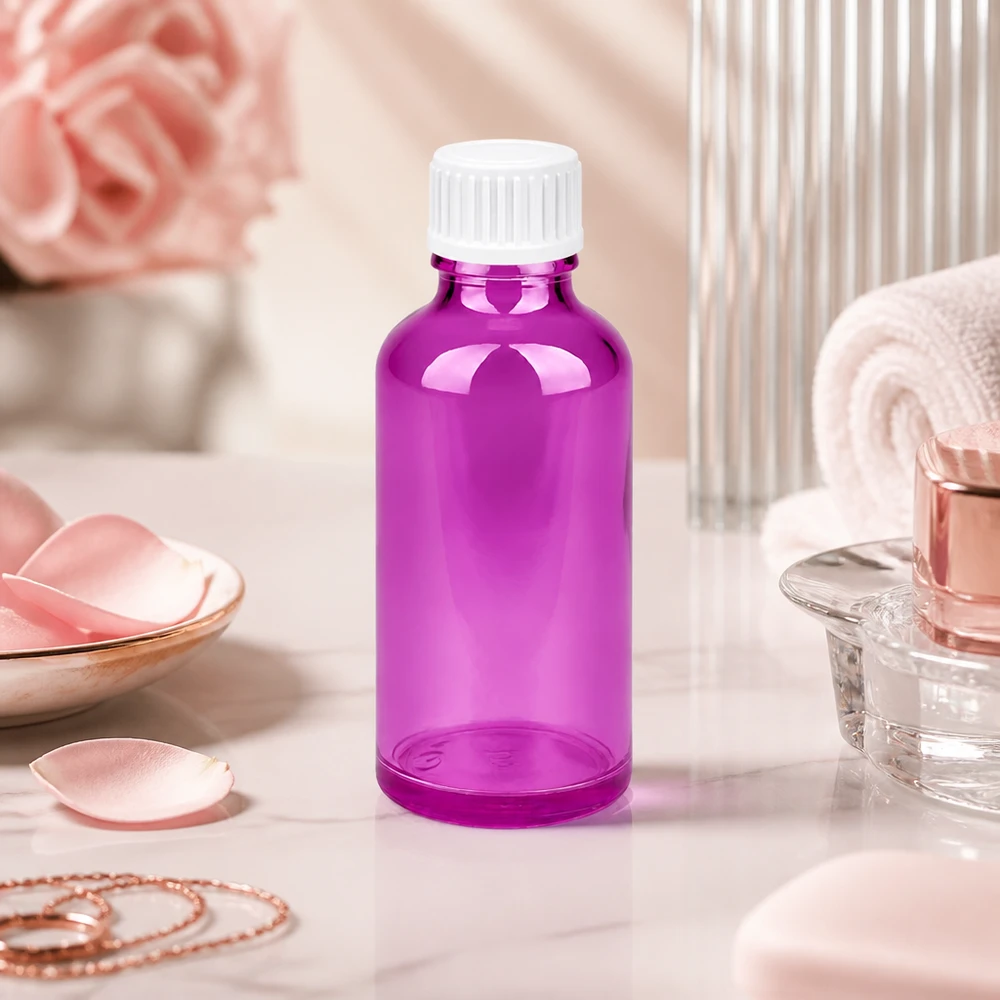 Praktische 50ml Glasflasche in leuchtend violettem Design mit sicherem Verschlusssystem
