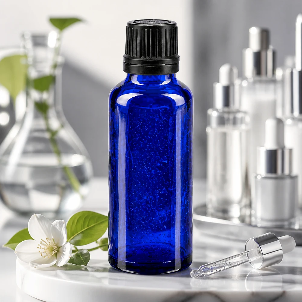Lékárenská láhev modrá 30ml šroubovací uzávěr černý nalévací kroužek nedovolená manipulace s uzávěrem Blaue 30ml Pharmaflasche aus UV-Schutzglas mit 8mm Öffnung und abnehmbarer Glaspipette