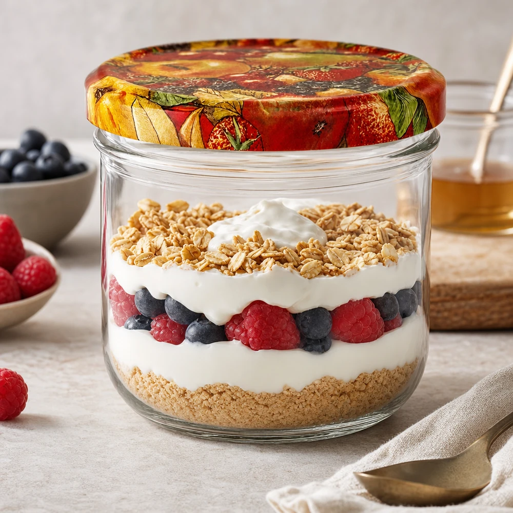 260ml kelímky + víčko BasicSeal s ovocným dekorem UNiTWIST. 260ml Sturzglas Obst-Dekor als Dessertglas mit Joghurt Beeren und Granola Schichtdessert auf Küchenarbeitsplatte