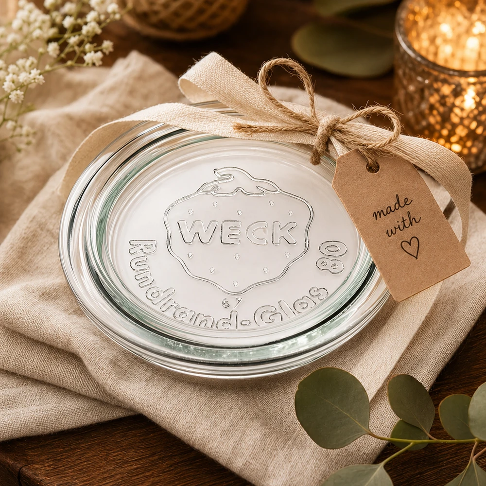 WECK Glasdeckel RR80 als Geschenk verpackt mit Juteschleife und Anhänger made with love auf Leinentuch dekoriert