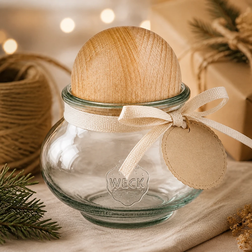 Dóza na šperky WECK RR80 o objemu 560 ml s kuličkou z bukového dřeva WECK Einmachglas 560ml RR80 Holzkugel Buche Geschenkverpackung Schleife Weihnachtsdeko festliche Präsentation