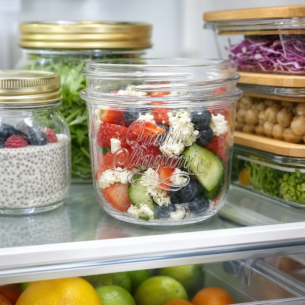 200ml Quattro Stagioni Schmuckglas mit frischem Salat im Kühlschrank neben anderen Vorratsgläsern mit Lebensmitteln