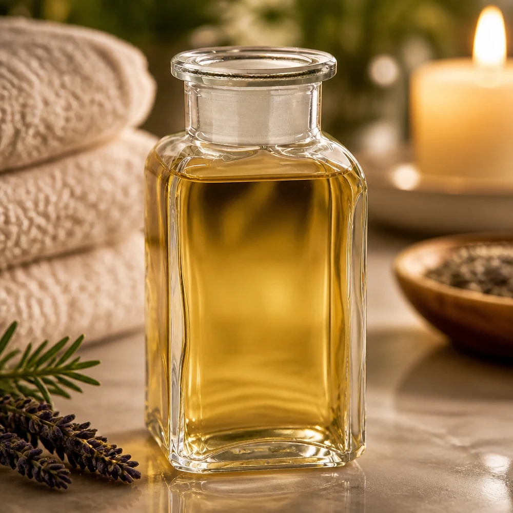 Čtvercová láhev 100ml čirá skleněná zátka se širokým hrdlem Vierkantflasche Klarglas 100ml Weithals mit goldfarbenem Öl gefüllt Wellness