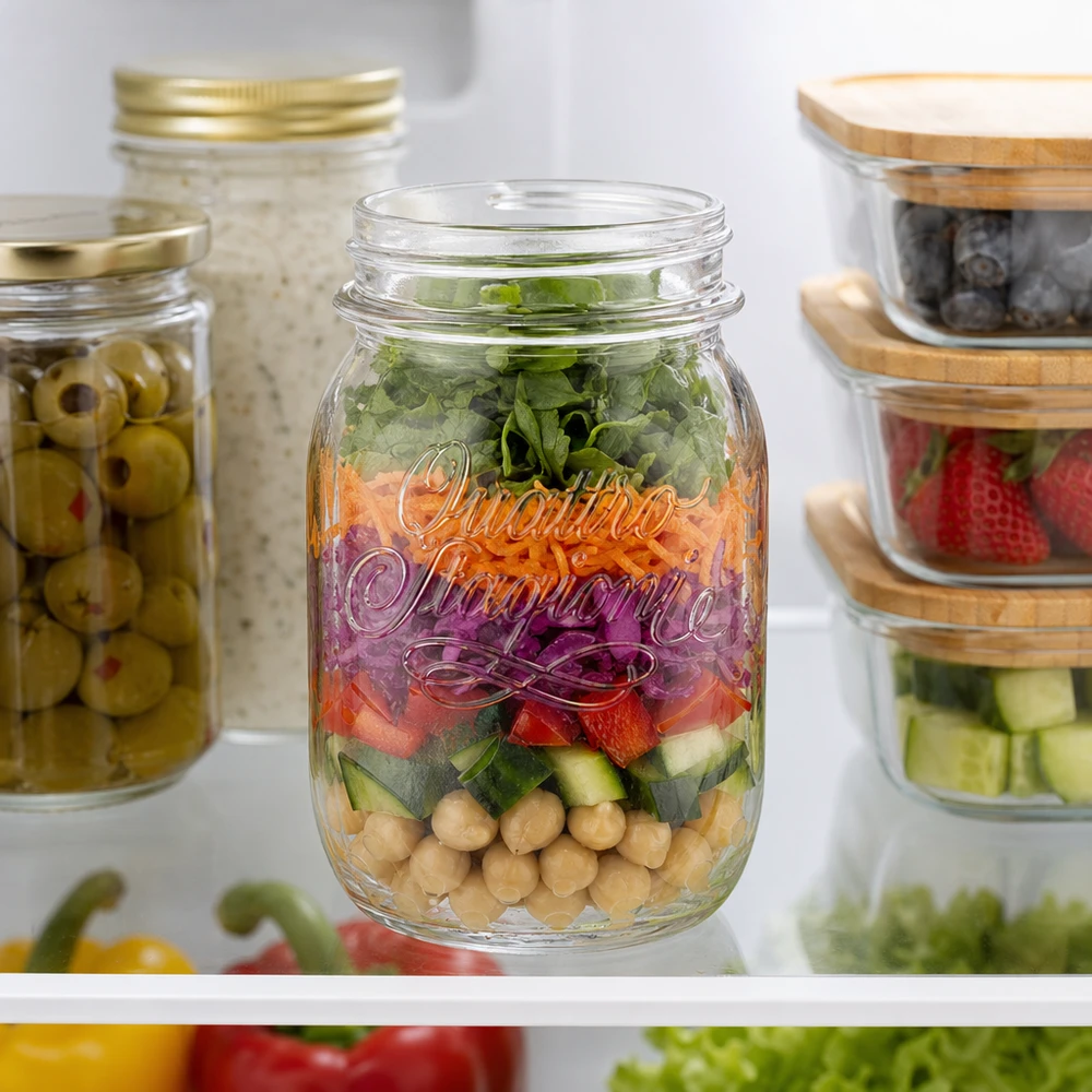 500ml Quattro Stagioni Haushaltsglas mit Schichtsalat gefüllt im Kühlschrank neben anderen Vorratsgläsern