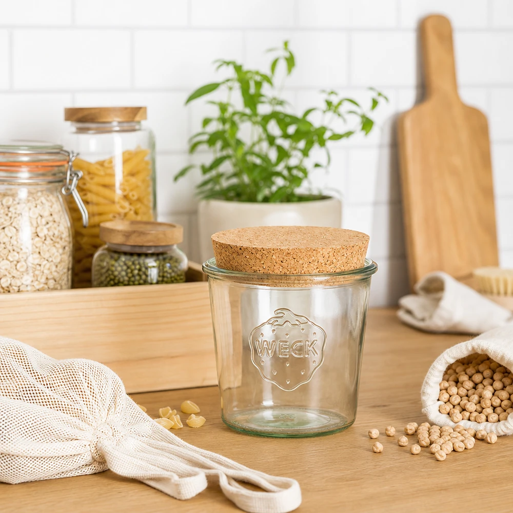 Sklenice o objemu 580 ml WECK RR100 s korkovou zátkou přírodní WECK Vorratsglas 580ml RR100 mit Korkdeckel in nachhaltiger Zero-Waste Küche mit Stoffbeuteln und Hülsenfrüchten
