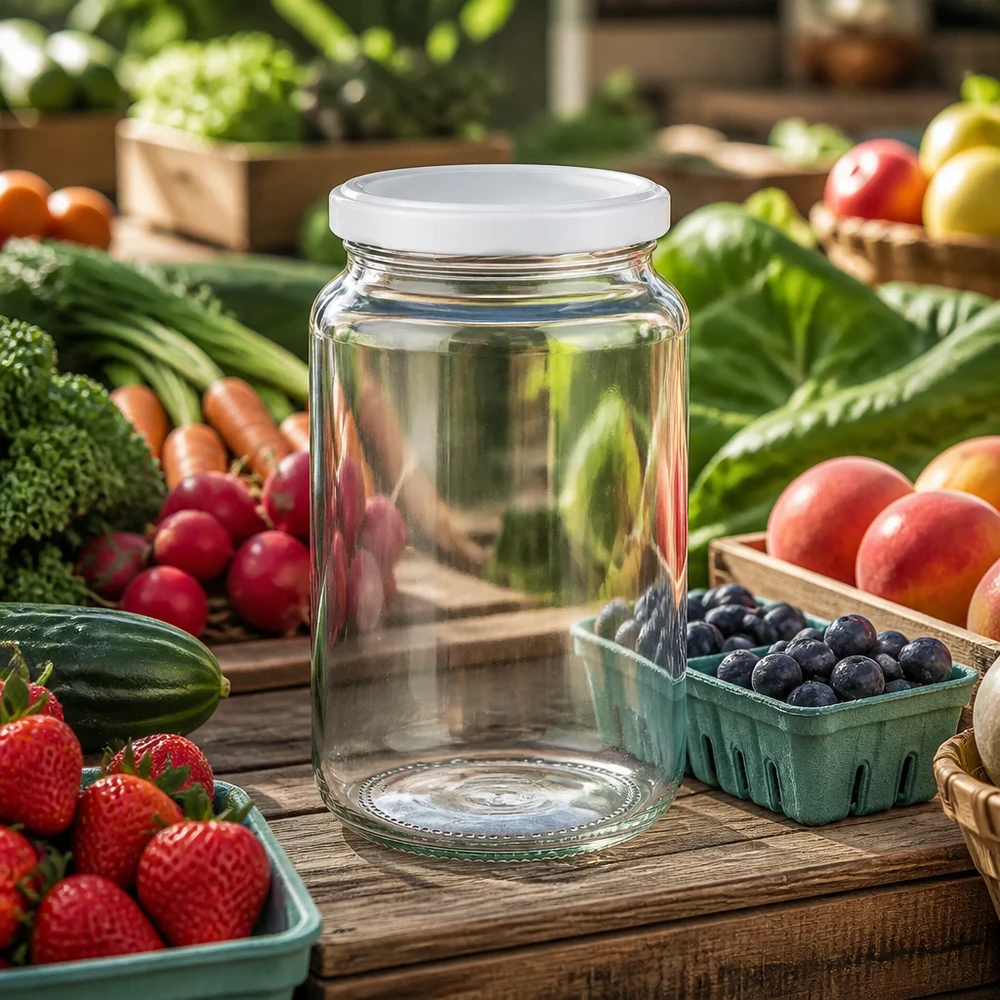 382ml UNiTWIST Rundglas leer mit weißem BasicSeal Deckel zwischen frischem Obst und Gemüse auf Holztisch