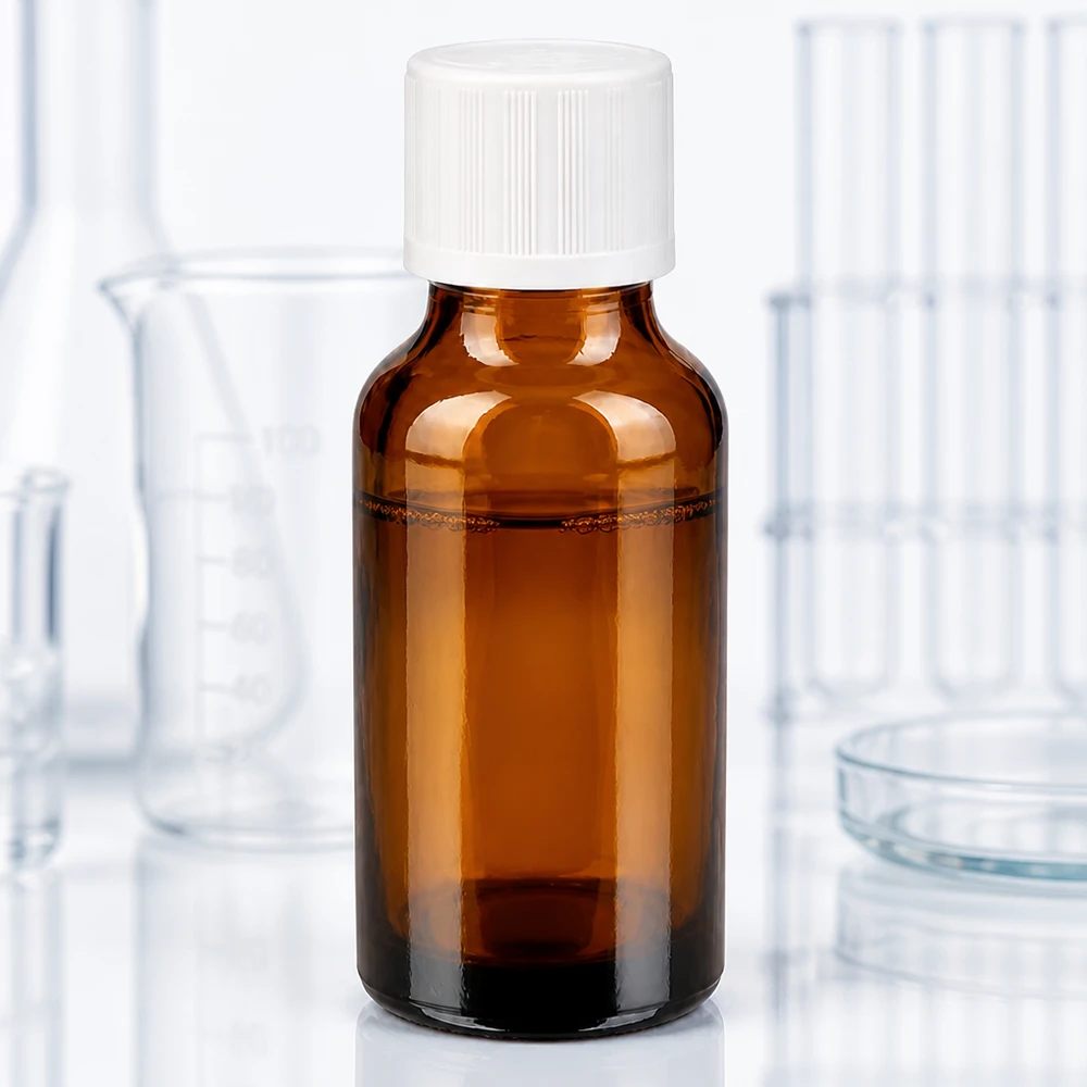 Kompakte 20ml ApoGlas-Tropfflasche mit weißem Sicherheitsverschluss neben Becherglas und Petrischale