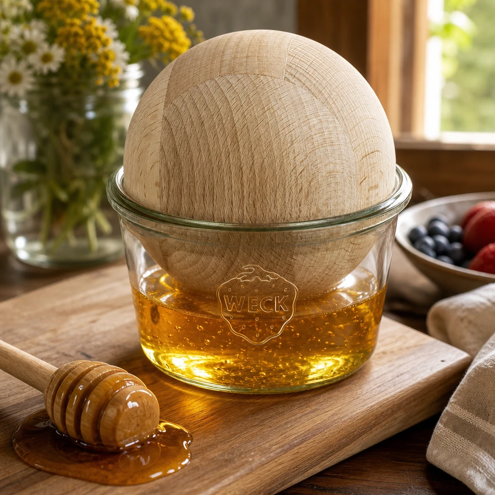 370ml tumblery WECK RR100 s dřevěnou kuličkou z bukového dřeva. WECK Sturzglas 370ml als Honigspender mit Buchenkugel auf Holzbrett neben Honiglöffel natürliche Küchendeko