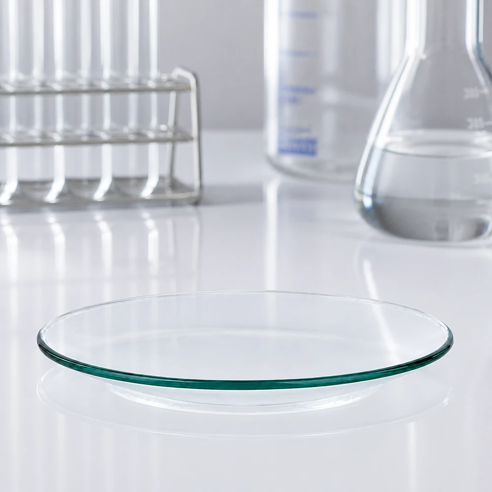 Hodinářská skleněná miska ø90 mm Professionelle Glasschale 90mm für Chemielabor mit Teströhren und Messkolben im Hintergrund