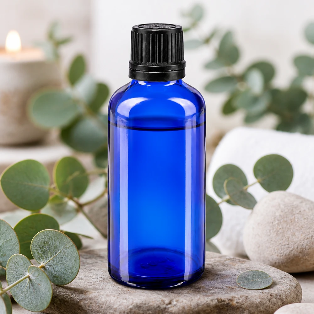 Dunkelblaue 50ml Flasche aus Apothekenglas mit originalitätssicherem Verschluss in Spa-Atmosphäre