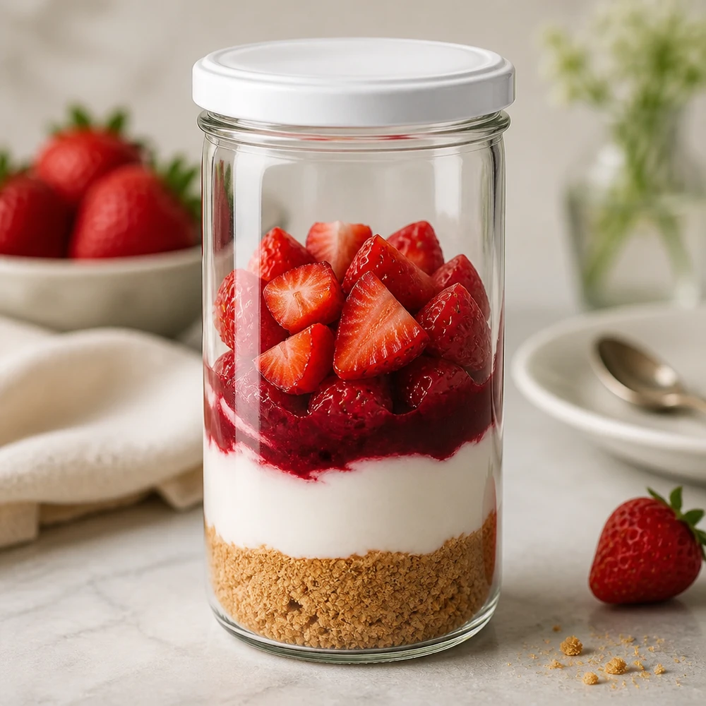 277ml zavařovací sklenice s víčkem BasicSeal bílá UNiTWIST 277ml Sturzglas befüllt mit Erdbeerdessert - Schichtdessert im Einmachglas mit Keksboden und frischen Früchten