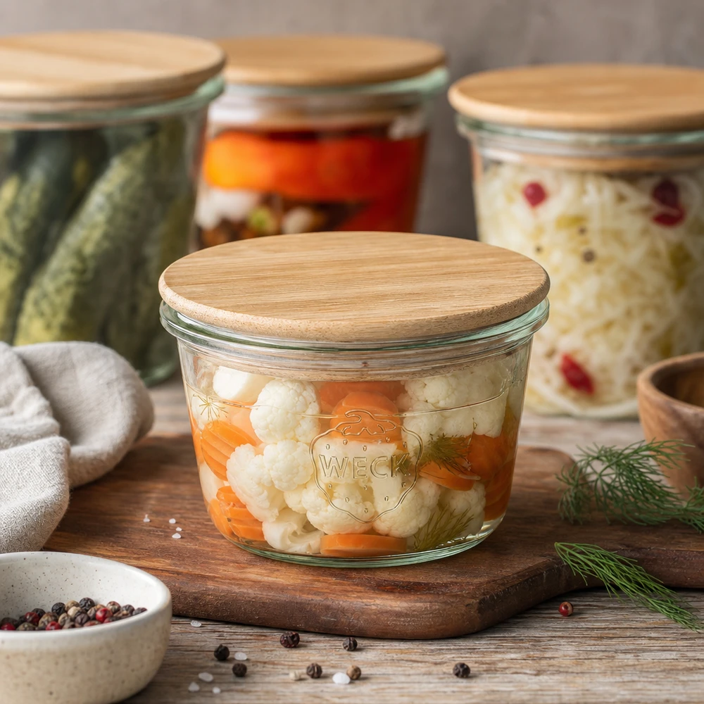 WECK Mini Sturzglas 50ml mit Blumenkohl und Karotten gefüllt als Einmachglas mit Bambusdeckel auf Holzbrett