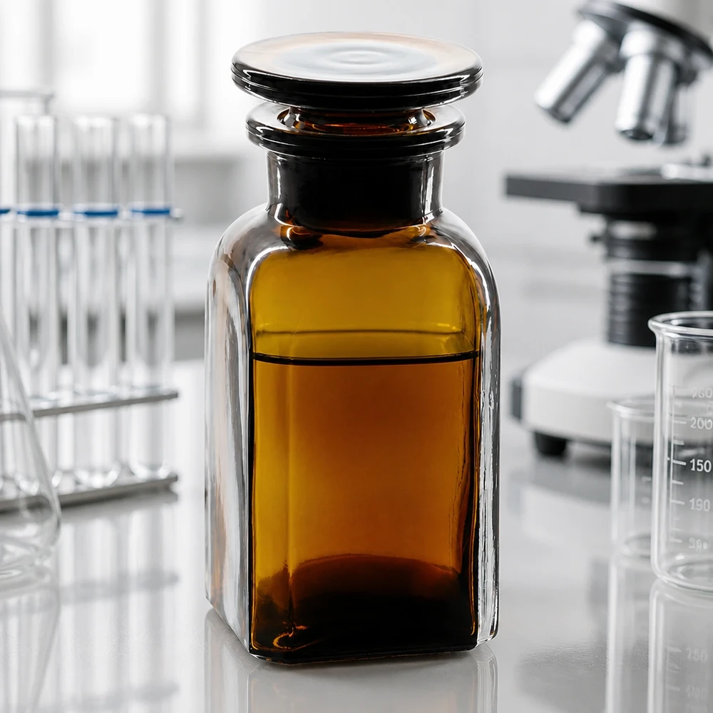 Hranatá láhev 100ml hnědá skleněná zátka se širokým hrdlem Kleine braune Weithalsflasche 100ml eckig mit Glasstopfen für Pharmazie Forschung und Analytik