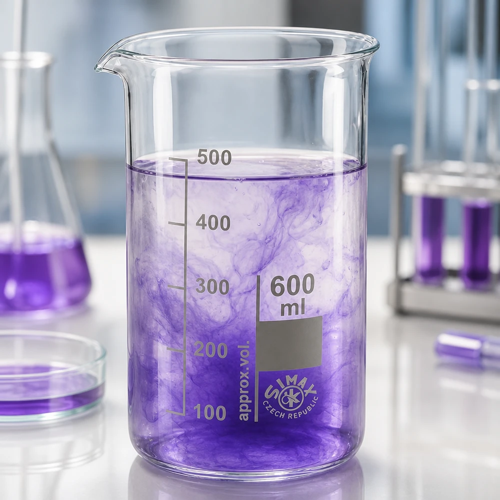 Hitzebeständiges Laborglas 600ml hohe Form mit lila Farbstoff auf weißer Laborarbeitsfläche