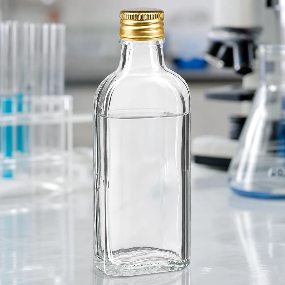 Hochwertige klare Glasflasche 100ml Meplat Form mit goldenem Alu-Deckel PP22 Labortisch