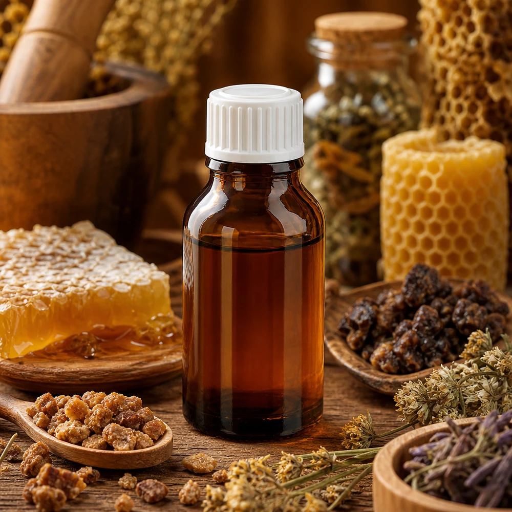 Lékárenská láhev hnědá 15ml kapátko bílé 0,8mm standardní ks. Pharmaglasflasche bernsteinfarben 15ml weißer Dosierverschluss neben rohem Bienenwachs und Myrrhe