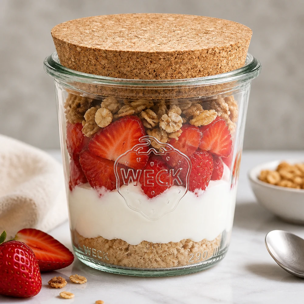 290ml vysoké sklenice WECK RR80 s korkem přírodní WECK Sturzglas 290ml RR80 mit Korkdeckel als Dessertglas mit Erdbeeren Joghurt und Nüssen schichtweise gefüllt