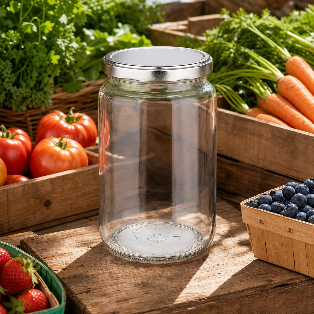 795ml Rundglas mit BasicSeal Deckel in rustikaler Outdoor-Küche umgeben von frischem Gemüse und Obst