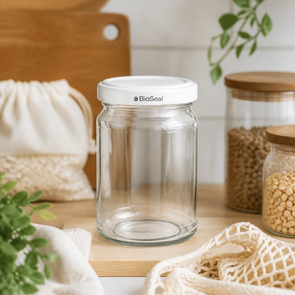 Kulatá sklenice o objemu 205 ml s víčkem BioSeal bílá UNiTWIST UNiTWIST Runda205 leeres Vorratsglas mit TO58 BioSeal Deckel in nachhaltiger Küche mit Jutebeuteln und Hülsenfrüchten