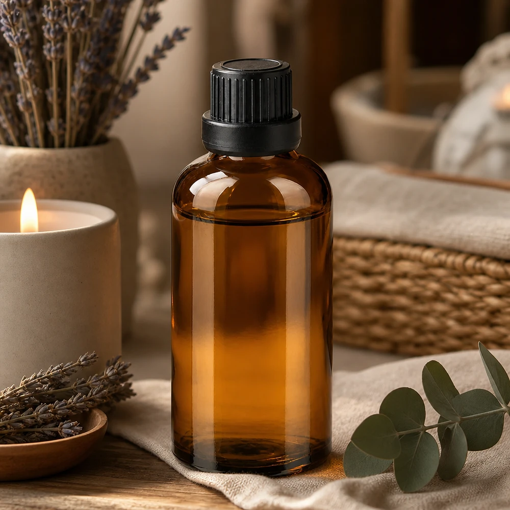 50ml láhev 11mm šroubovací uzávěr černý tamper evident uzávěrII BrownLine UT18/50 Elegante 50ml Glasflasche in Bernsteinbraun mit schwarzem Deckel für Wellness und Spa