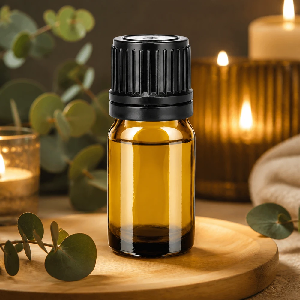 5ml láhev 11mm šroubovací uzávěr černý tamper evidentní uzávěr BrownLine UT18/5 Elegante kleine Glasflasche 5ml in Bernsteinoptik mit schwarzem Deckel für Naturkosmetik