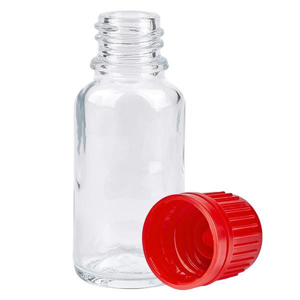 20ml láhev 11mm šroubovací uzávěr červený uzávěr s ochranou proti manipulaci ClearLine UT18/20 20ml láhev 11mm šroubovací uzávěr červený uzávěr s ochranou proti manipulaci ClearLine UT18/20