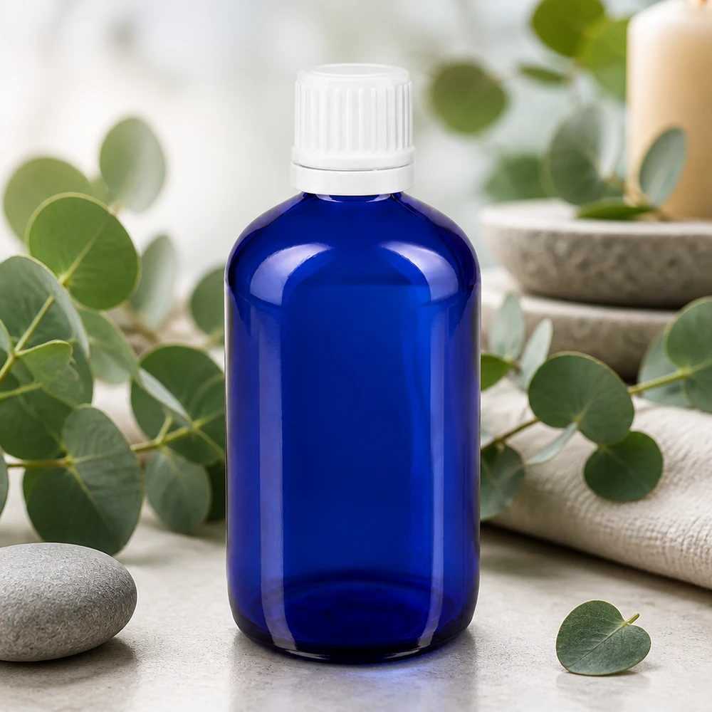 Lékárenská láhev modrá 100ml kapací uzávěr 1,2mm bílý uzávěr prokazatelný proti manipulaci. 100ml Arzneiflasche Blauglas mit weißem OV-Schraubverschluss für ätherische Öle und Seren