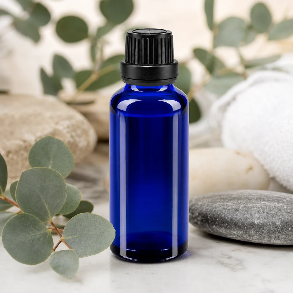 Hochwertige blaue 30ml Braunglas-Alternative aus ApoGlas mit Tropfeinsatz 2mm und OV-Schraubdeckel